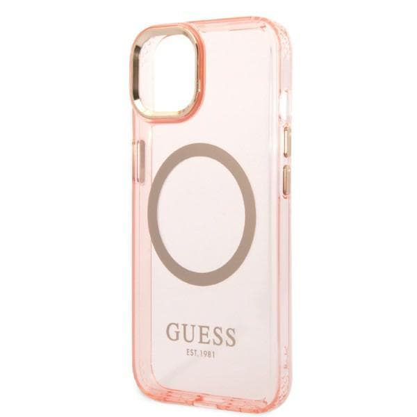 Guess Gold Outline Translucent MagSafe-etui til iPhone 14 Plus, lyserød