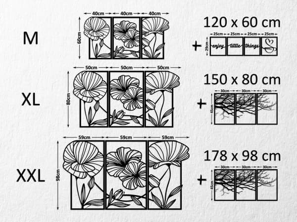 STOR VÄGGDEKORATION "3D-BLOMMOR TRIPTYK" + EXTRA 3D-BLOMMOR TABLETTER 150 X 80 CM