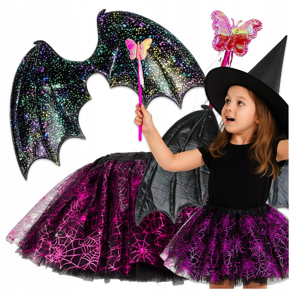 Helloween Set Häxa Fladdermuskostym + Hatt + Vingar + Trollstav H32