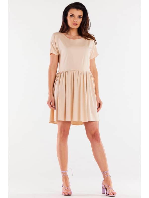 Lös klänning i viskos med korta ärmar, beige XL