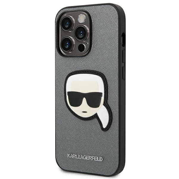 Karl Lagerfeld Saffiano Karl`s Head Patch-etui til iPhone 14 Pro Max, sølv