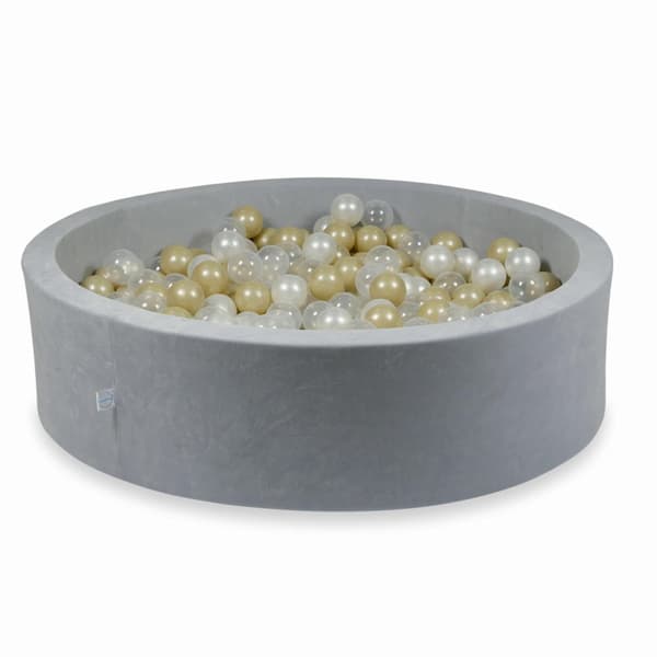 Tør pool 110x30cm fløjlsblød lysegrå med 400 bolde: transparent, lys guld, perlemor