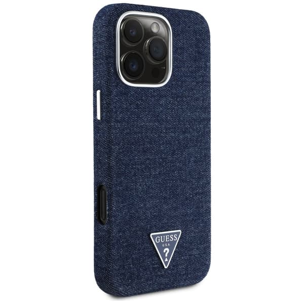 Guess Denim Triangle Logo MagSafe -kotelo iPhone 16 Pro Maxille, sininen