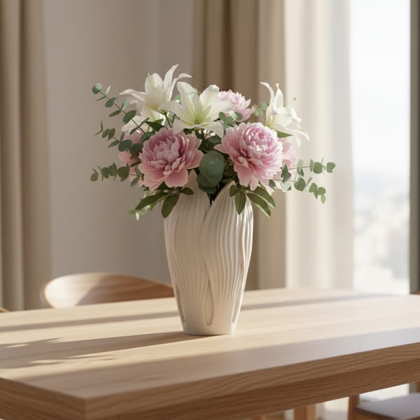 Dekorativ, bladformet, hvid vase til blomster, moderne design