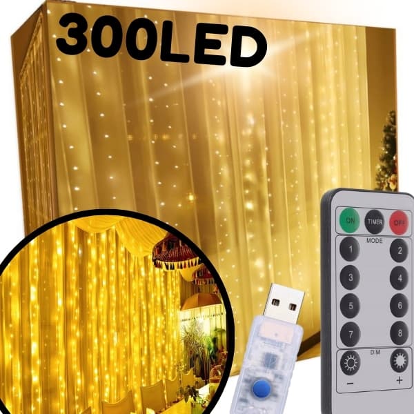 LAMPUT VALOVERHO 300LED VALOVERHO PYÖRÄVALOT 3x3m USB