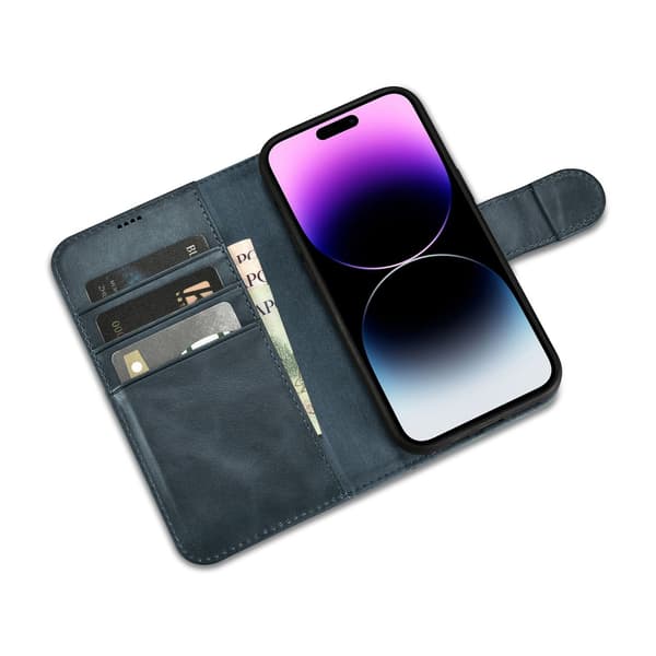 2-i-1 Läderfodral iPhone 14 Pro Max Anti-RFID Oljevax Plånboksfodral Blå