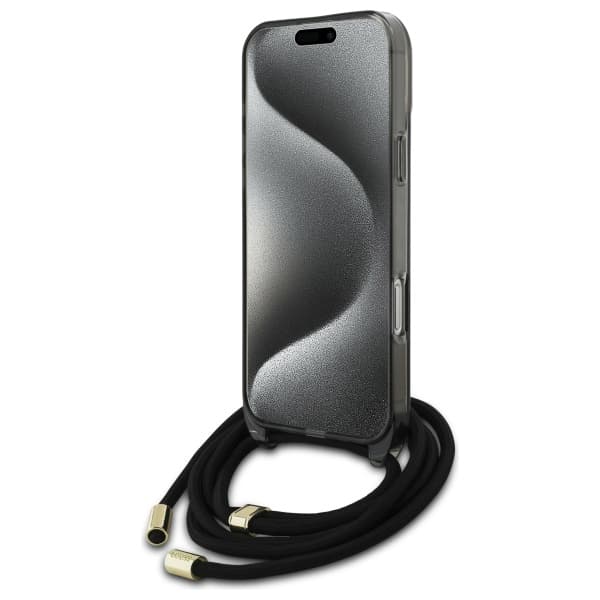 Guess Crossbody Cord Script MagSafe -kotelo iPhone 16 Pro Maxille, musta