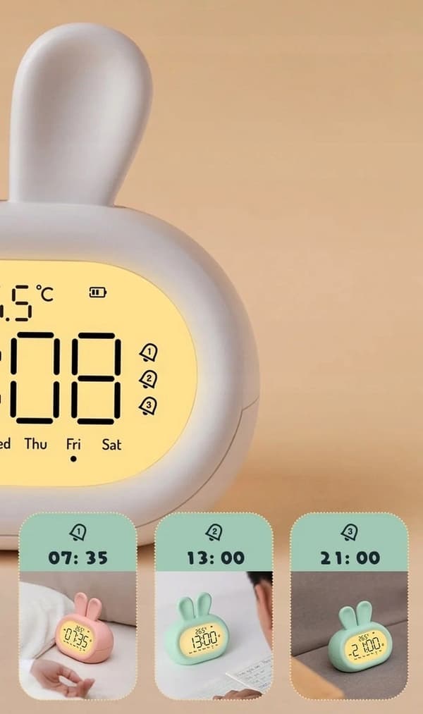 Kaninformet vækkeur grå natlampe til børn