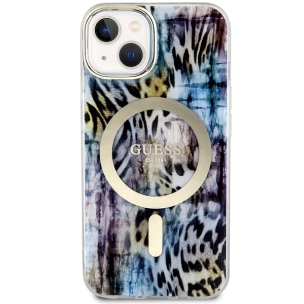 Guess Leopard MagSafe -kotelo iPhone 14:lle, sininen