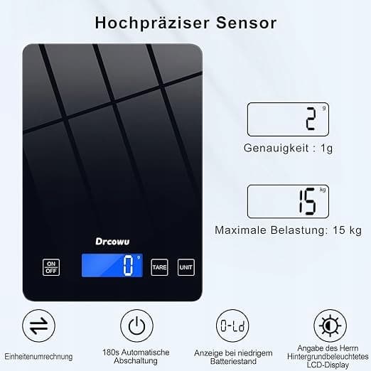 Drcowu digital køkkenvægt med LCD-display, glas, sort