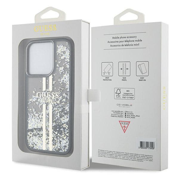 Guess Liquid Glitter Gold Stripes cover til iPhone 15 Pro, sort