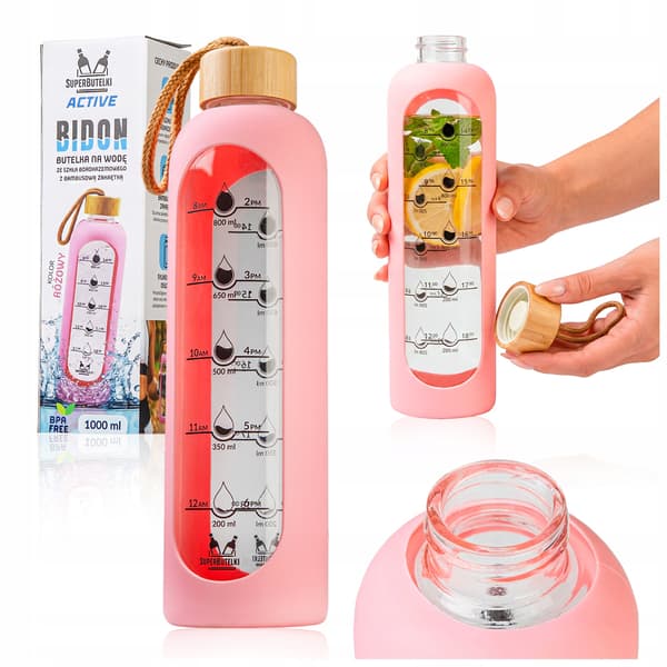 1000 ml glasvattenflaska med silikonfodral (rosa)