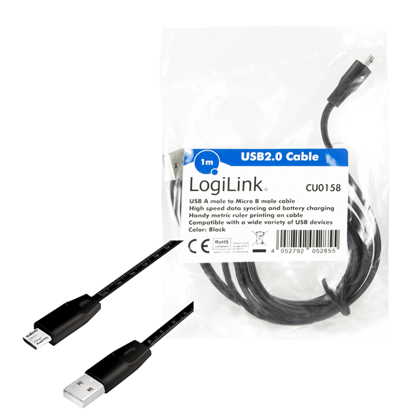 LogiLink USB-A - Micro USB -kaapeli 1m, musta, synkronointilatauksella