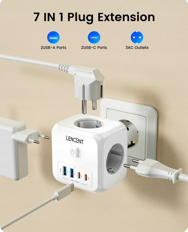 LENCENT PA037EU-2A2C strømskinne 7 stikkontakter inklusive 2x USB A, 2x USB C