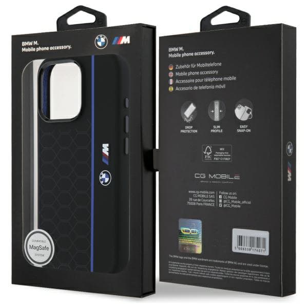 BMW Silikone Hexagon Blue Line MagSafe-etui til iPhone 16 Pro Max, Sort