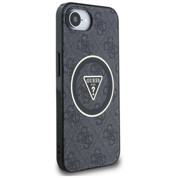 Guess IML Metal Glitter 4G Circle Triangle MagSafe-etui til iPhone 16e, sort