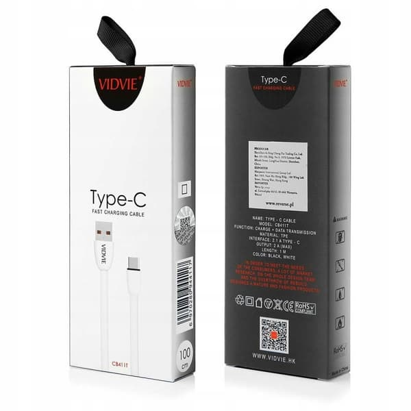 VIDVIE CB411 USB/Typ C 2.1A-kabel, 1 m vit