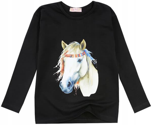Pige bluse bomuld langærmet hest sort 122