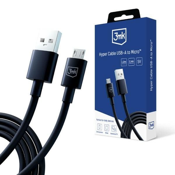 3MK Hyper USB-A til Micro USB-kabel, 1,2m, 5V, 2,4A, Sort