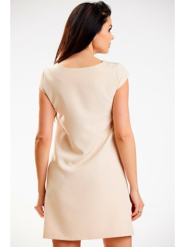 Trapetsklänning med korta ärmar, beige S