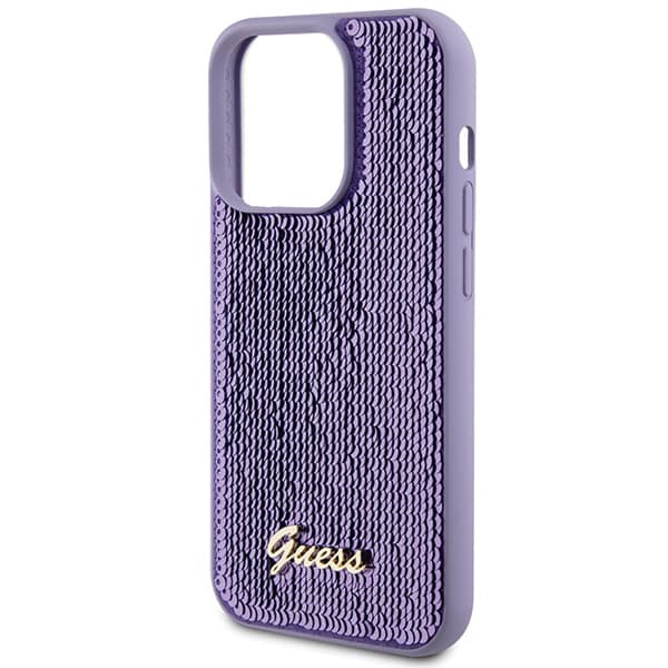 Guess Sequin Script Metallskal till iPhone 15 Pro, Lila