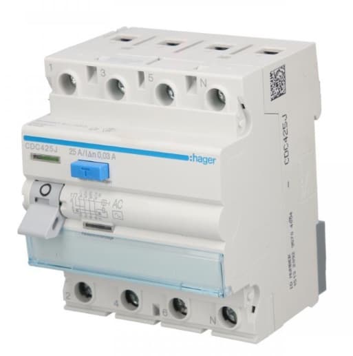 Differensstrømsafbryder 4P 25A 30mA 6kA TYPE AC RCCB HAGER