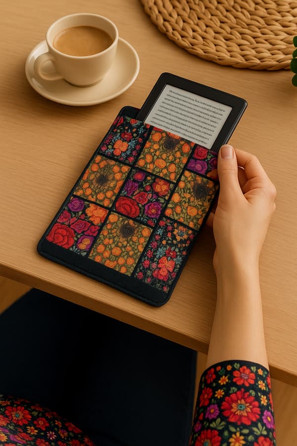 Arco Design 6-7" e-bogsetui - EcoFilc, Frida Flowers-print, grå, passer til Kindle / PocketBook