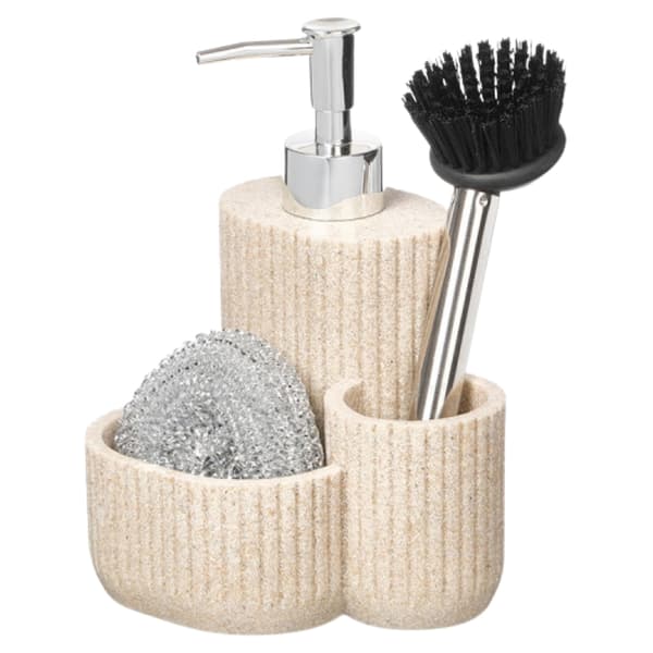 Køkkenopvaskemiddeldispenser med børste og svamp, beige