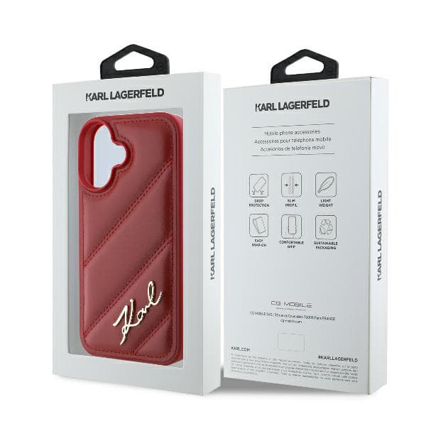 Karl Lagerfeld Diagonal Quilted Script-skal till iPhone 16, Röd