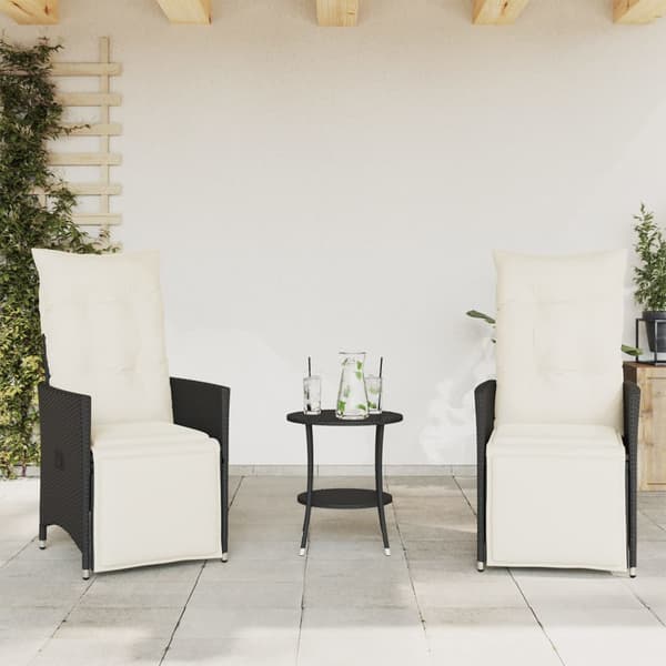 vidaXL 3-delt bistrosæt med hynder, sort, polyrattan