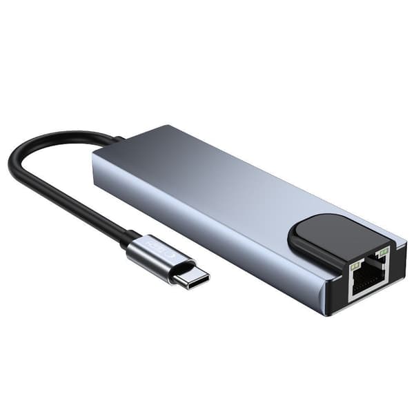 5-i-1 HUB USB-C til USB-C USB-A HDMI RJ45 Splitter - Grå