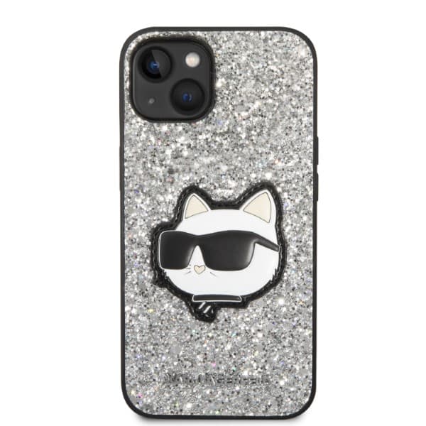 Karl Lagerfeld Glitter Choupette Patch-etui til iPhone 14, sølv