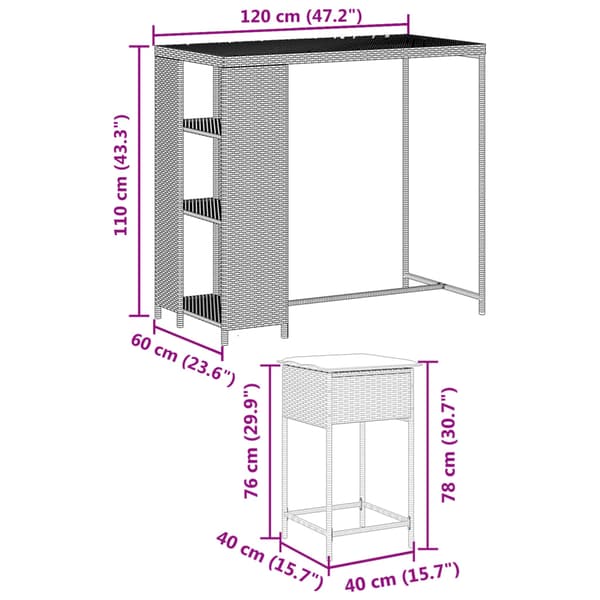 vidaXL 3-delt barsæt med hynder, sort polyrattan