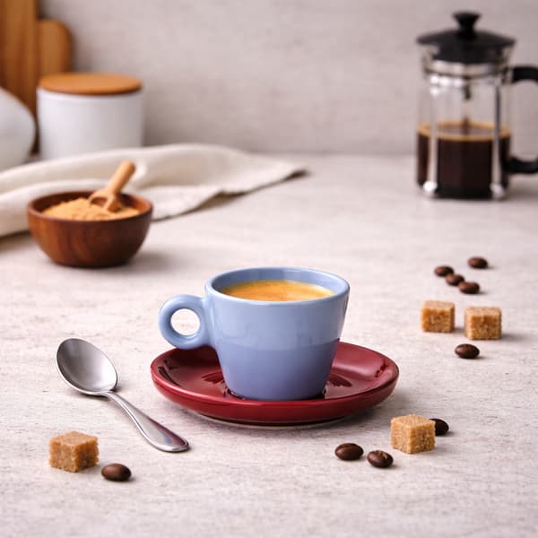 Echo 100 ml blå espressokopp med rött fat