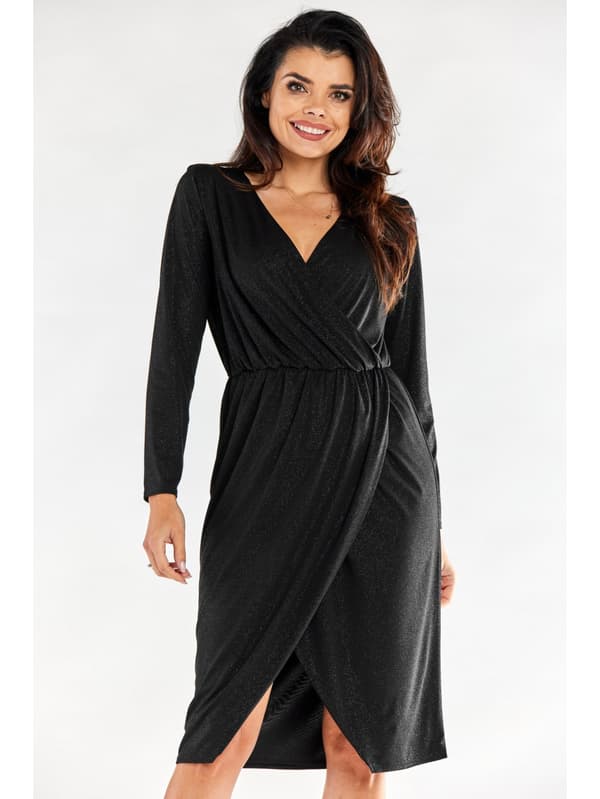 Glitter wrap midikjole med lange ærmer, sort XL
