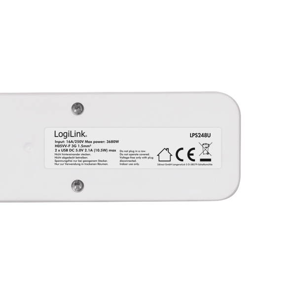 LogiLink LPS248U multifunktionel strømskinne 3xCEE+2xUSB, 1,5 m, hvid
