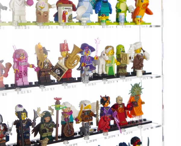 Stor udstillingsboks til 60 lego-minifigurer plus ekstra knopper
