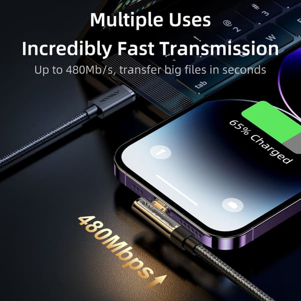 Vinklet kabel til iPhone USB-C - Lightning 20W 480 Mbps 1,2m blå