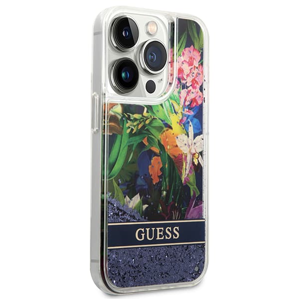 Guess Flower Liquid Glitter cover til iPhone 14 Pro Max, blå