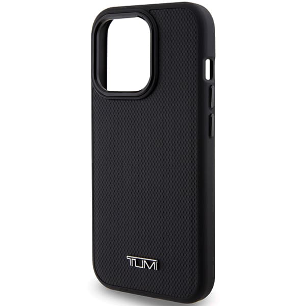 Tumi Leather Ballistic Pattern MagSafe -kotelo iPhone 15 Prolle, musta