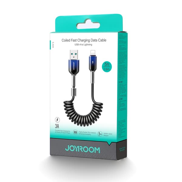 USB-A Spiralkabel - iPhone Lightning Crystal-Clear Series 3A 1,5m - Sort