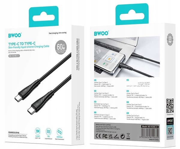 USB Typ C - USB Typ C-kabel 1,0 m 60W MEGA FAST svart BWOO