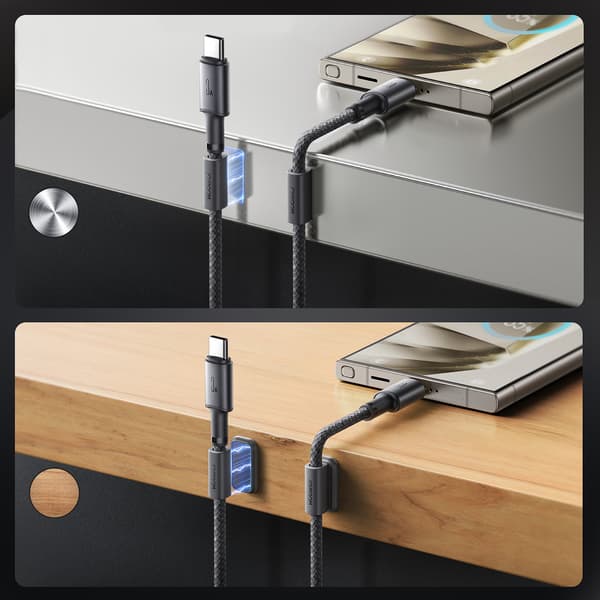 USB-A - USB-C kabel med organizer og magnetisk holder 1,2 m - grå