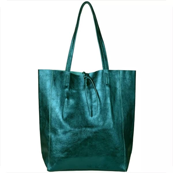 Lätt shoppingväska i läder i smaragdgrön metallic