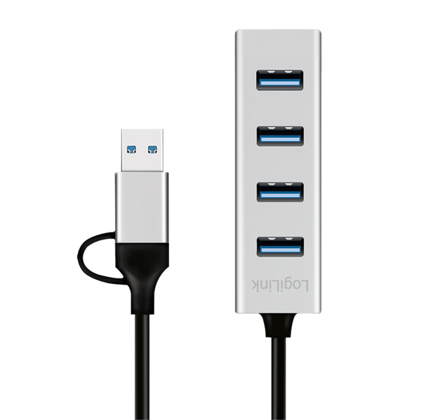 LogiLink USB 3.0-splitter 4x USB-A med 2-i-1 USB-A/USB-C 5 Gbps-kabel Silver