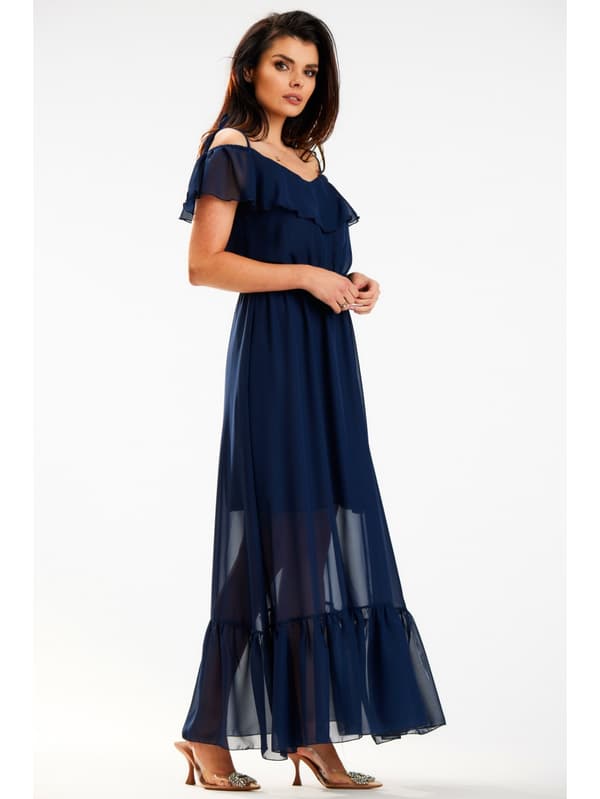 Off-shoulder-klänning, chiffongmaxi, marinblå M
