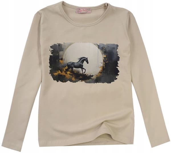 Pige bluse bomuld langærmet hest beige 134