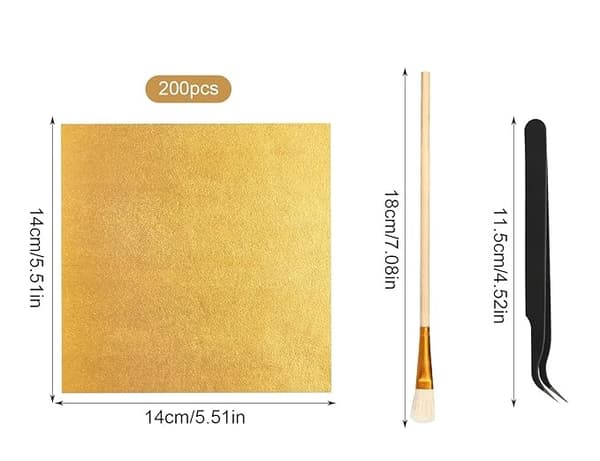 Sæt med 200 dekorative guldblade + pincet + pensel