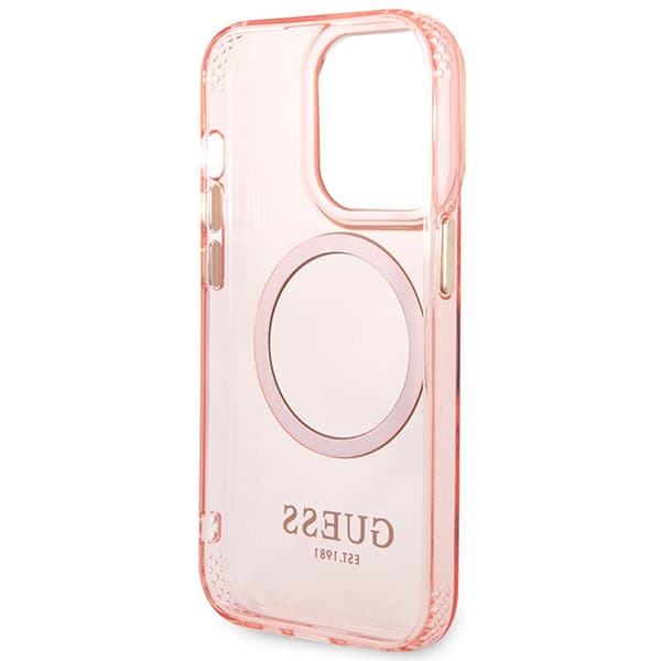 Guess Gold Outline Translucent MagSafe-etui til iPhone 14 Pro Max, lyserød