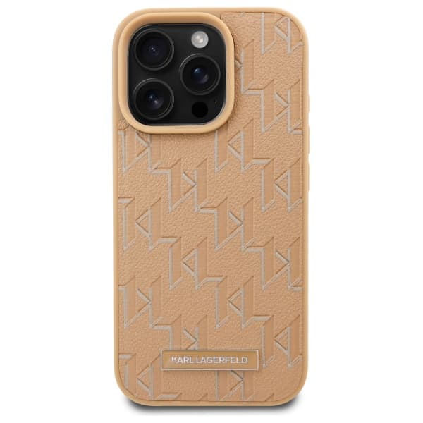 Karl Lagerfeld lædermonogram metallogo MagSafe-etui til iPhone 16 Pro, beige